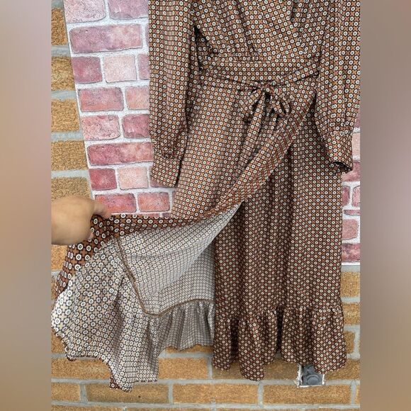 ROSEDRESS VINTAGE FLORAL PRINTED LONG SLEEVE RUFFLE WRAP MIDI DRESS - COFFEE L - Picture 14 of 17